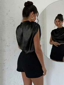 Blusa de mujer con cuello mao de unicolor y pliegues, informal y elegante, manga de murciélago fruncida, ajuste regular, top casual de uso diario para primavera/verano - Negro - Ver 2