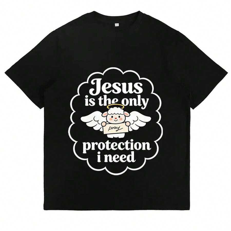 Christian Graphic T-Shirt With Angel And Lamb Design, Jesus Quotes, Soft And Comfortable Cotton T-Shirt, Fashionable Faith-Inspired Casual Shirt For Everyday Wear, Unisex Inspirational Religious Clothing - 黑色 - 查看 1