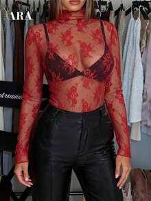 Blusa negra sexy de manga larga con encaje elástico para mujer , con cuello alto, patrón floral transparente, elegante y con capas, ideal para primavera-verano, resort y citas - Rojo - Ver 2