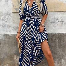 New Contrast Color Geometric Print V-Neck Ruched Waist Flared Hem Dress For Women, Suitable For Commuting, Vacation, Autumn - Naranja - Ver 6