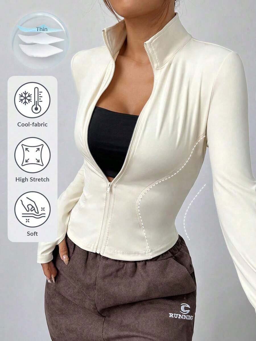 Chaqueta de manga larga de punto ajustada con protección solar para mujer en otoño/invierno, color albaricoque - Albaricoque 2 - Ver 1