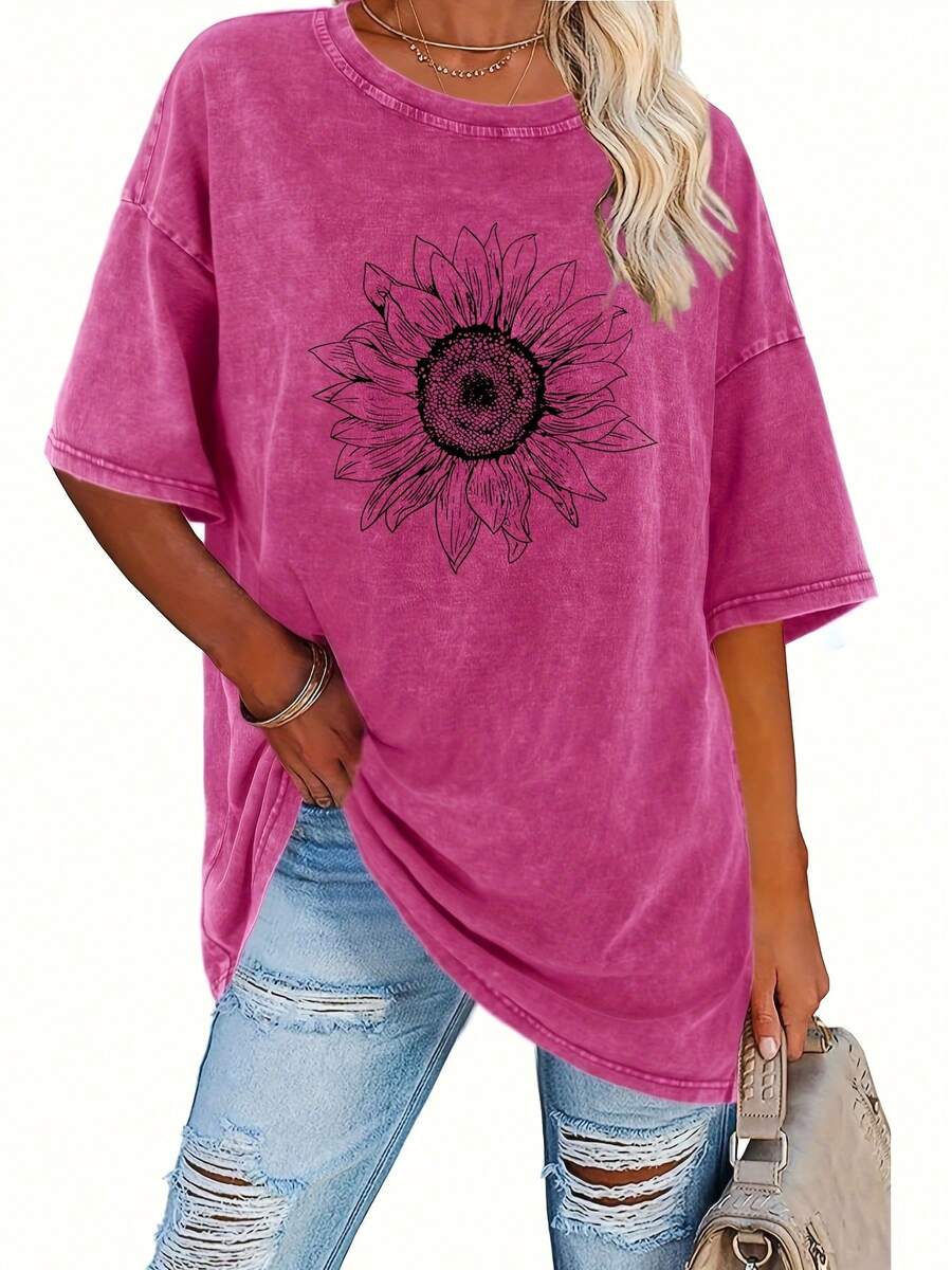Camiseta de algodón lavado vintage para mujer estampado moderno algodón grueso 220g cuello redondo mangas cortas estilo callejero vintage lavable a máquina uso casual primavera verano camiseta holgada para mujer blusas para mujer camiseta de mujer nacional envio - Rosa Fucsia - Ver 1