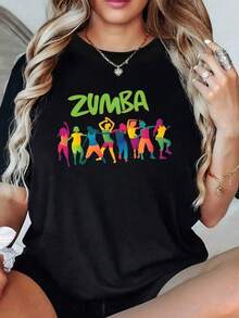 A Figure Of A Woman Dancing Zumba In Vibrant Colors Symbolizes Energy, Joy, Unity, And Positive Movement. This Women's T-Shirt Is Made Of 100% Cotton And Is Casual, Comfortable, And Modern. - 黑色 - 查看 1