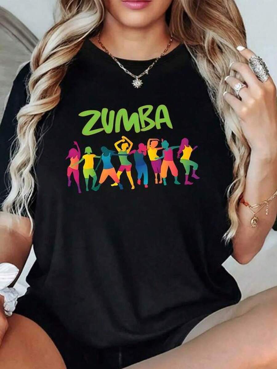A Figure Of A Woman Dancing Zumba In Vibrant Colors Symbolizes Energy, Joy, Unity, And Positive Movement. This Women's T-Shirt Is Made Of 100% Cotton And Is Casual, Comfortable, And Modern. - 黑色 - 查看 1