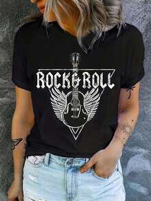 Camiseta casual de estilo rockero para mujer con diseño de guitarra y alas, ideal para amantes de la música, perfecta para conciertos o salidas informales, disponible en talla mediana, color negro. Ropa de moda para jóvenes, estilo urbano . - Negro - Ver 2
