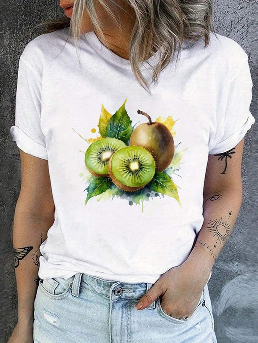 Camiseta estampada de en acuarela, cuello redondo casual de manga corta para primavera y verano, ropa de mujer - Blanco - Ver 1