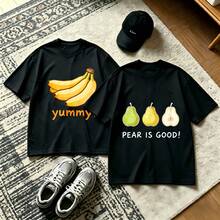 2-Piece Couple Matching Pattern T-Shirt, 100% Cotton, Loose Fit, Soft And Breathable, Casual Round Neck Short Sleeved Top Banana Yummy Pear Is Good Versatile Patterns No Picky Combinations Coordinated Dating Casual Travel Simple And Cartoonish Printing Styles High Cost-Effectiveness Couple Lovers - 黑色 - 查看 1
