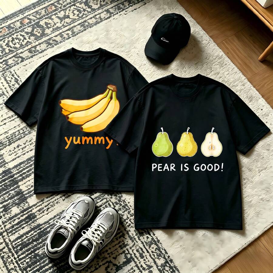 2-Piece Couple Matching Pattern T-Shirt, 100% Cotton, Loose Fit, Soft And Breathable, Casual Round Neck Short Sleeved Top Banana Yummy Pear Is Good Versatile Patterns No Picky Combinations Coordinated Dating Casual Travel Simple And Cartoonish Printing Styles High Cost-Effectiveness Couple Lovers - 黑色 - 查看 1