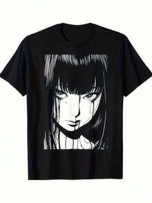 Japanese Anime Gothic T-Shirt - Black And White Manga Face Print With Iconic Anime Characters - Single-Sided Digital Art T-Shirt Suitable For Cosplay, Role-Playing, And Casual Wear - Retro Style, Machine Washable, For Year-Round Use Y2k T-Shirt Shirt - 黑色 - 查看 1