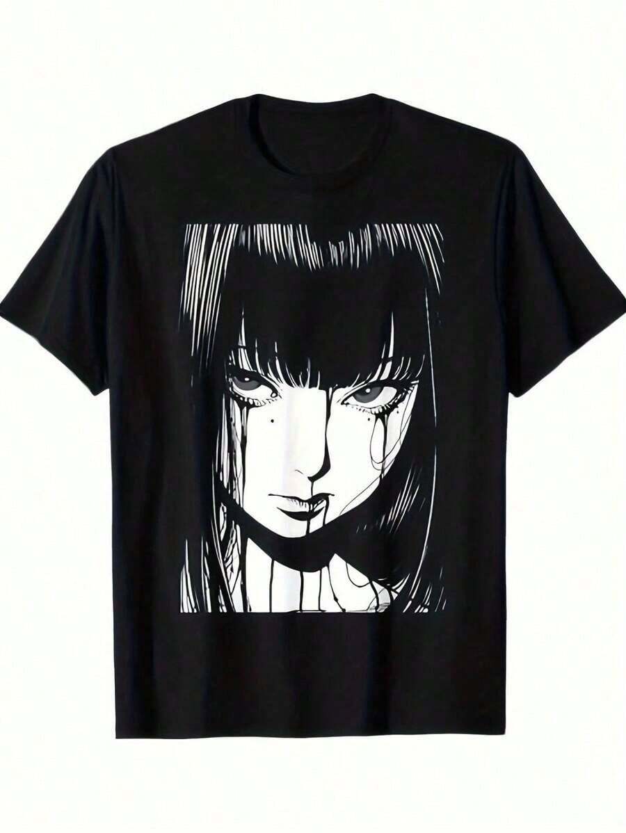 Japanese Anime Gothic T-Shirt - Black And White Manga Face Print With Iconic Anime Characters - Single-Sided Digital Art T-Shirt Suitable For Cosplay, Role-Playing, And Casual Wear - Retro Style, Machine Washable, For Year-Round Use Y2k T-Shirt Shirt - 黑色 - 查看 1