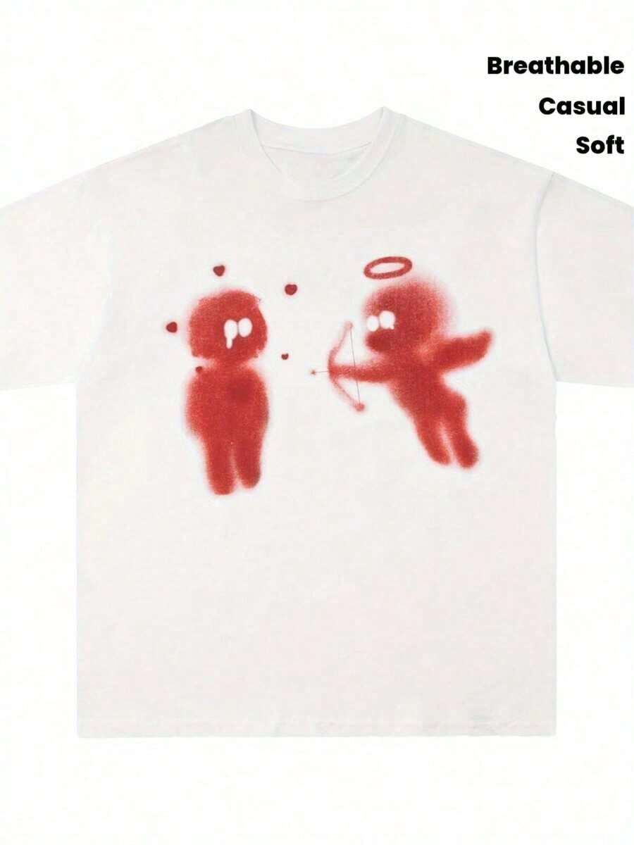 Women's 100% Cotton Casual Printed Designer T-Shirt - White T-Shirt With Red Angel Print, Loose Fit, Urban Style, Unisex, Soft And Breathable Vintage Fabric, 2000s Casual Top Suitable For Daily Wear And Theme Parties, Durable Fabric, Summer Clothing, Comfortable And Neutral Clothing, Summer Tops 2026, Daily Outfits For Women, Suitable For Spring, Summer And Autumn. - 白色 - 查看 1
