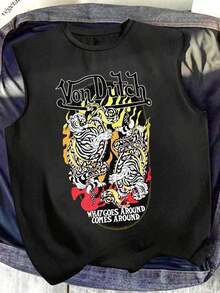 New Summer Styles  Van Dutch Tiger Flame What Goes Around Distressed Oversized Graphic Tank Top Men's Sleeveless Pure Cotton Vest Loose Fit, Biker Streetwear Japanese Tattoo Aesthetic Baggy 100% Cotton Pullover Gift - màu đen - Xem 1