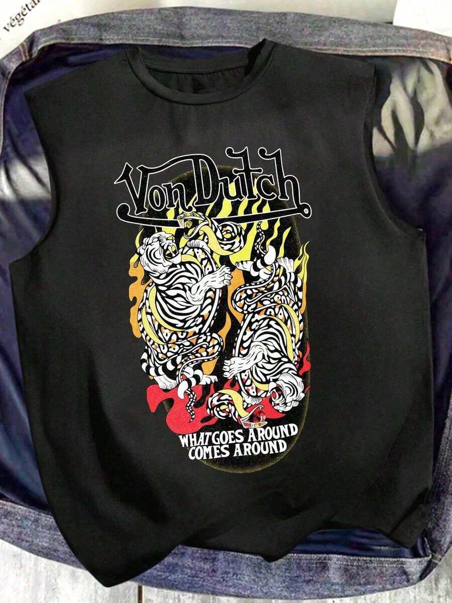 New Summer Styles Van Dutch Tiger Flame What Goes Around Distressed Oversized Graphic Tank Top Men's Sleeveless Pure Cotton Vest Loose Fit, Biker Streetwear Japanese Tattoo Aesthetic Baggy 100% Cotton Pullover Gift - màu đen - Xem 1