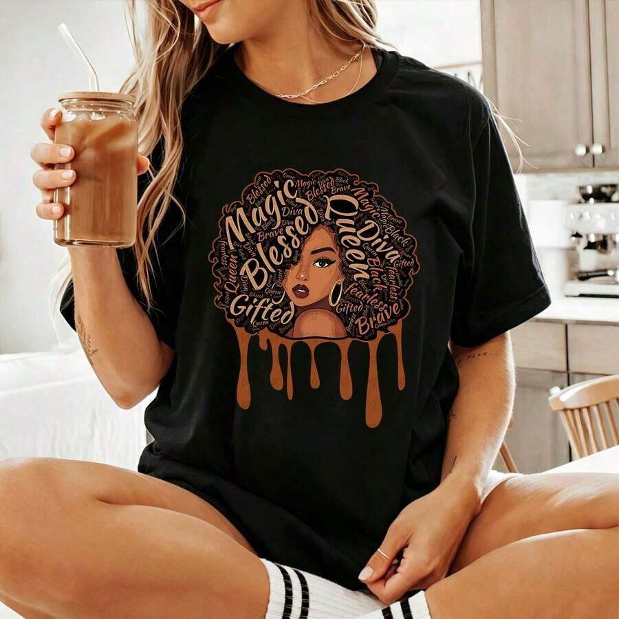 Magic Queen Women's Casual T-Shirt, Graphic Print, Short Sleeve, Retro Chic Urban Style, Loose Fit Casual T-Shirt For All Seasons 2026, Stylish New Spring Summer Style, Ideal Gift For Friends And Family, 100% Cotton, Durable - 黑色 - 查看 1