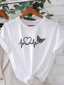 Camiseta Casual [Camiseta con Corazón Talla Grande] Talla Grande - Camiseta Estampada con Patrón de Corazón para Mujer, Estilo Nuevo y Moderno 2026 - Ropa Elegante y Cómoda para Mujer en Primavera, Verano y Otoño - Popular en Europa y América - Camiseta Casual de Manga Corta con Cuello Redondo y Estampado Gráfico - Camisetas Gráficas Occidentales - Ropa para Hombre - Camisas para Hombre - Camisetas Gráficas - Ropa para Mujer - Tops de Verano - Ropa de Verano 100% Algodón - Duradera - Blanco - Ver 3