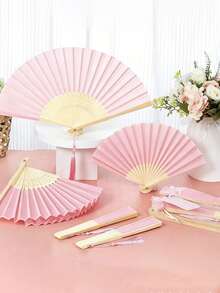 4pcs Value Set! Pink Bamboo Fan + Tassel + Bow + Storage Bag. Suitable For Wedding/Party/Daily Use. - Multicolor - View 5
