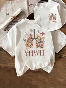 Camiseta ligera con estampados en la parte delantera y trasera, "Breath and Nature", diseño floral en el pecho, cuello redondo, manga corta, corte cómodo, diseño clásico, prenda de moda, top de mujer con estampado de doble cara, atuendo casual para el día a día. - Blanco - Ver 2
