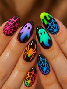 24pcs Halloween Glow-In-The-Dark Nail Decals, Luminous Ghost & Spider Web Nail Stickers, Y2K Style Cute Almond Shaped Fake Nails, Nail Art Supplies - Multicolor - View 8