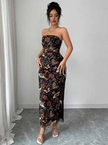 de fiesta elegante de mujer con cintura ceñida, estampado de malla teñida anudada y abertura lateral - Negro - Ver 4