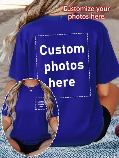 Plus-Size Women's T-Shirts, Custom Personalized Gifts, Custom Women's T-Shirts, Custom Front And Back Printed Tops, You Can Add Your Photos (Patterns/Logos/Family Photos/Selfies/Pets/Couple Photos), Text And Photos Can Be Added To The Back, Basic/Street Style, Ideal Gift For Him, Boyfriend, Family, And Friends, Suitable For Birthdays, Holidays/Festivals, School/Competitions, Sports/Climbing, Etc., Stylish For Spring And Summer, With Printed Patterns.