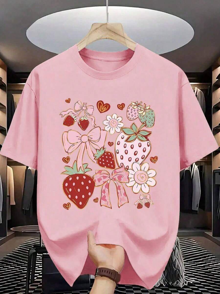 Camiseta casual [Camiseta deportiva] [Camiseta de fresa dulce] Camiseta de manga corta para mujer con estampado de flores y lazos de fresa dulce|   Blusa Casual de Verano con Cuello Redondo, Adecuada para Estilos Dulces|   Corte relajado|   Talla Grande 100% Algodón Duradero - Rosa - Ver 1