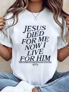 Camiseta Moderna Minimalista para Mujer con Estampado Gráfico 'Jesús Muñió Por Mí, Ahora Vivo Por Él', Cuello Redondo, Casual, Declaración de Fe Cristiana, Regalo Ideal para Uso Diario - Blanco - Ver 7