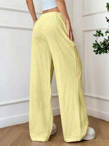 Pantalones de lino sueltos y de cintura baja de estilo bohemio y casual para mujer, pantalones anchos y relajados con cordón, suaves y cómodos, adecuados para uso casual diario y vacaciones, todo el año, primavera - Amarillo - Ver 5