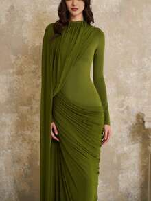 Vestido de cuello redondo y manga larga, corte entallado con pliegues y cintas flotantes, estilo elegante y moderno. - Verde - Ver 3