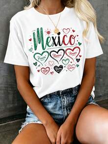 Camiseta de manga corta para mujer, cuello redondo, estampado de letras con diamantes y corazones en verde, negro y rojo, top casual - Blanco - Ver 1