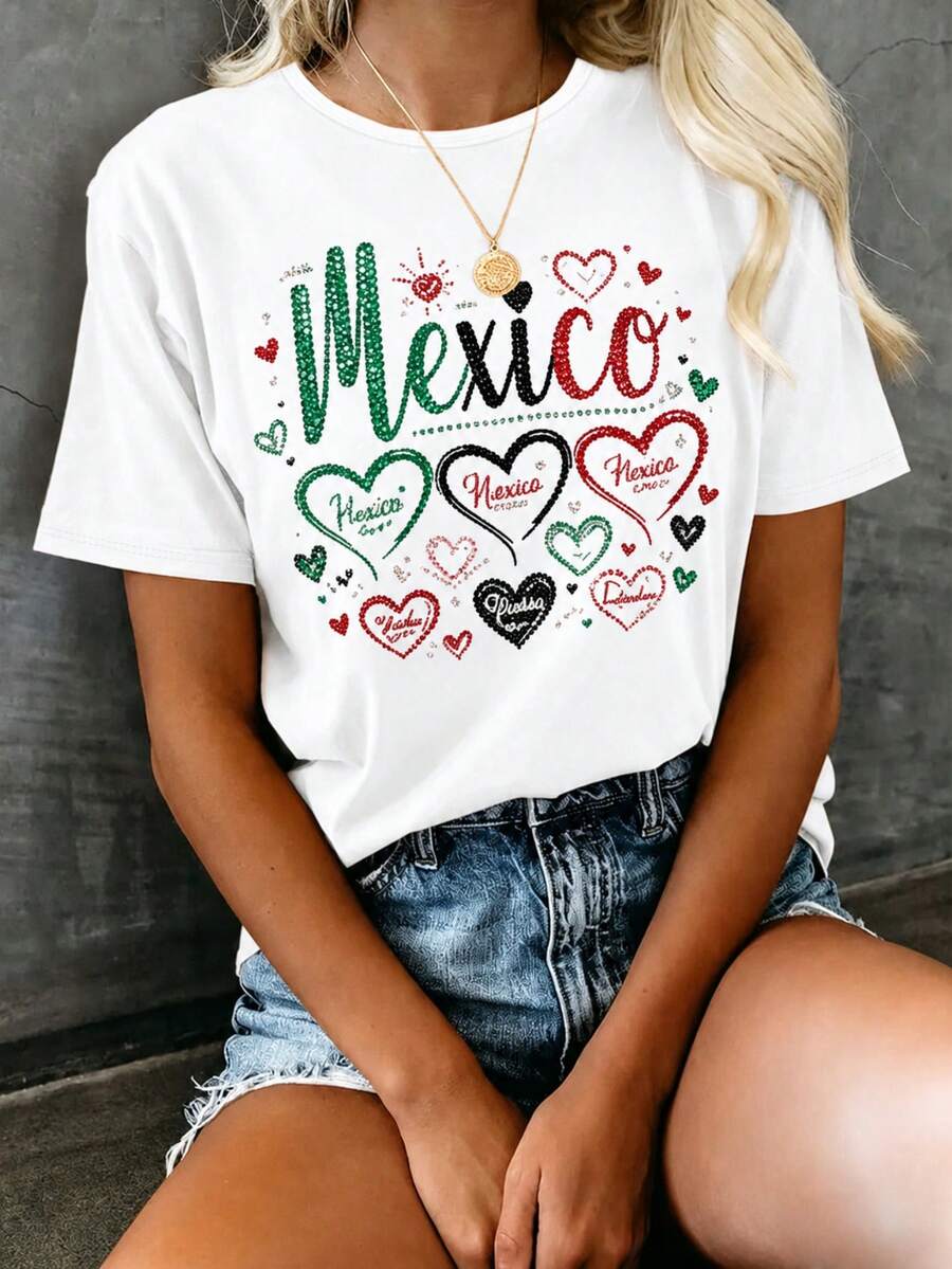 Camiseta de manga corta para mujer, cuello redondo, estampado de letras con diamantes y corazones en verde, negro y rojo, top casual - Blanco - Ver 1