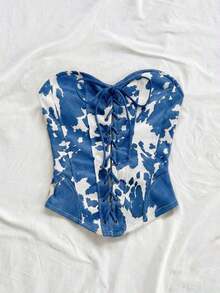 Top corto de suede sexy con lazo, remaches y diseño deconstructivo, adecuado para vacaciones, citas, té de la tarde, vacaciones, festivales de música, estilo bohemio, cruceros, playa, verano - Azul y blanco - Ver 5