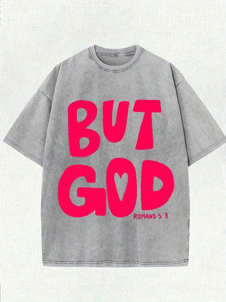 Men's And Women's 220g Cotton T-Shirt - Urban Style "BUT GOD" Print With Heart Design, Loose Fit, Round Neck, Short Sleeve, Casual Summer T-Shirt, Soft Texture. - 灰色的 - 查看 1