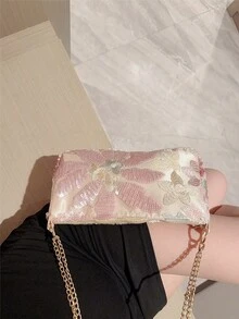 Moonlit Eve Bag, Multicolor Floral Crossbody Shoulder Bag, Fashionable Retro Chain Evening Clutch, Mini Square Box Bag, Suitable For Party Girls, Brides, College Students, Young Professionals, Patterns Randomly Sent - Pink - View 6
