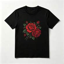 Red Roses Classic And Elegant Black Cotton T-Shirt - Black - View 1