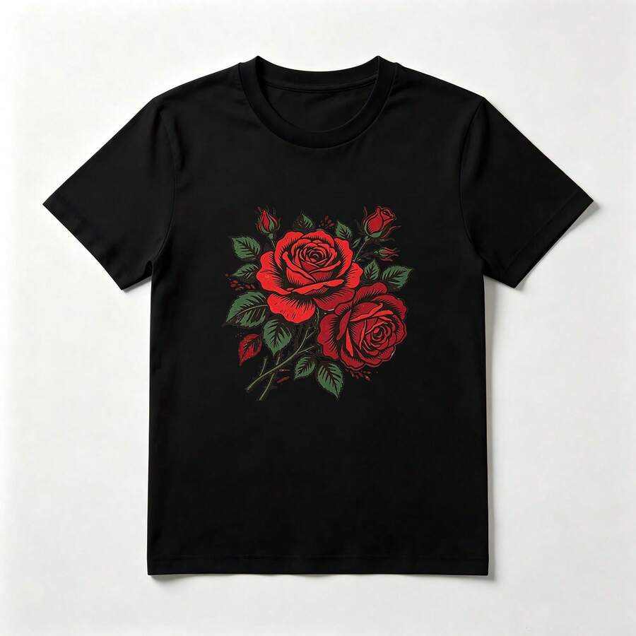 Red Roses Classic And Elegant Black Cotton T-Shirt - Black - View 1