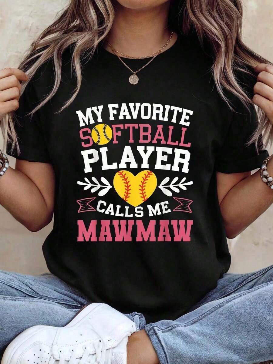 My Favorite Softball Player Calls Me Mawmaw, Softball Lover T-Shirt, Women's Graphic Tees - 黑色 - 查看 1