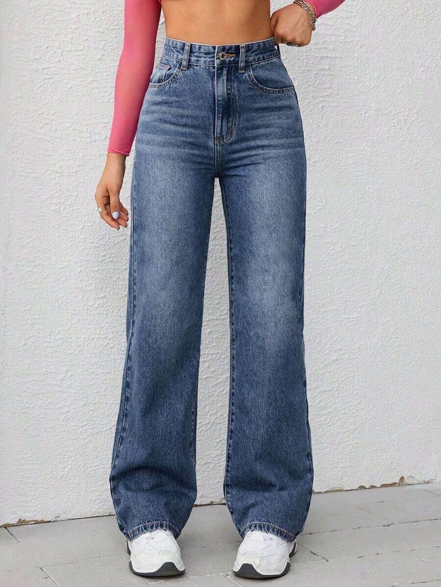 Pantalones vaqueros para mujer de pierna ancha y ajuste holgado con bolsillos para uso diario - Azul lavado oscuro 5 - Ver 1