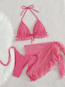 Conjunto de bikini de 3 piezas con tapa de falda, estilo de vacaciones en la playa, para mujer, con bikini halter sin espalda y encaje sexy - Rosado Sandía - Ver 4