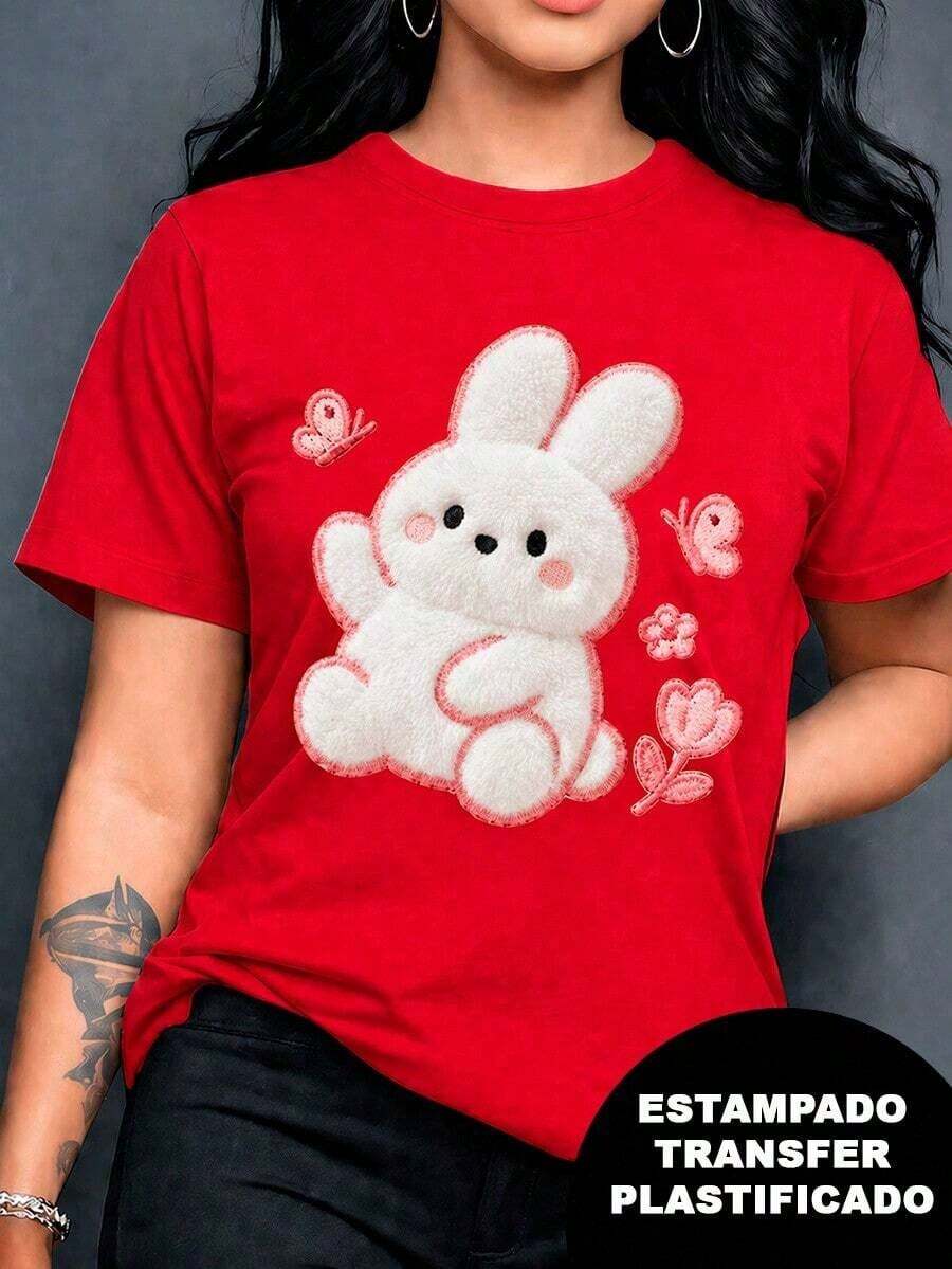 Soft Printed T-Shirt With A Rabbit Design, Plush Effect And Embroidery But It's A Print, Colorful, Modern, Casual T-Shirt, Round Neck, Short Sleeves, Ideal For Everyday Wear, Loose Fit, Fashionable, For Daily Use, Elegant Blouses For Women - 紅色 - 查看 1