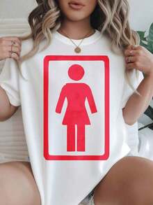 Women's Casual Short-Sleeve T-Shirt - Red Female Symbol In Rectangular Frame, Round Neck, Summer Top, Machine Washable, Ladies' T-Shirts, Casual Wear, Modern Style, Comfortable Fit

-White Blouses For Women Shirt - 白色 - 查看 8