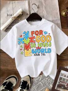 Women's Short-Sleeved Crew Neck T-Shirt With "The Lord Loved The World" Print (John 3:16), Christian Faith Gift For Church And Everyday Wear. - 白色 - 查看 3