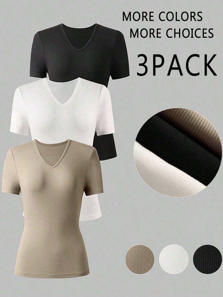 Nuevo conjunto de camiseta de manga corta, escote en V, delgada y versátil, de corte sexy para mujer - Multicolor - Ver 1