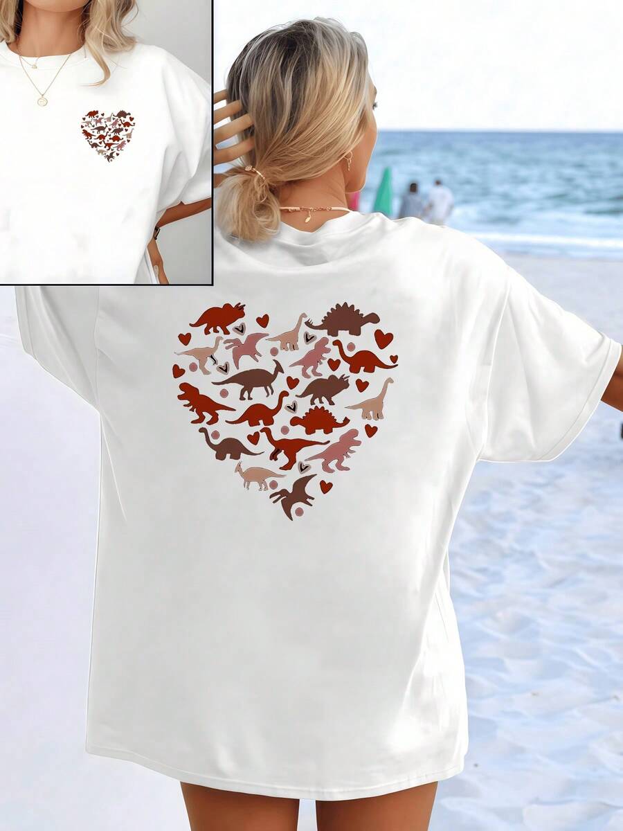 Hearts And Dinosaur Silhouettes Intertwine, Forming A Symbol Of Affection And Prehistoric Nature In Warm Tones On A Light Background. Women's Double-Sided Printed T-Shirt, Comfortable For Casual Everyday Beach Wear. - 白色 - 查看 1