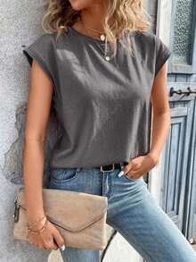 Camiseta de cuello redondo sólida, casual para el verano - Gris Oscuro - Ver 4