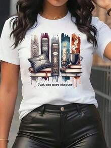 New Arrivals For Summer. Women's T-Shirt With "Just One More Chapter Book And Coffee Cup" Print, Round Neck, Casual, Soft, Comfortable, For Everyday Wear, Ideal For Vacations. Blouse, Shirt > Beautiful. - 白色 - 查看 12