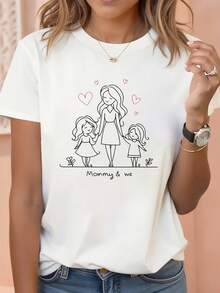 Women's "Mommy & We Family" Heart Print T-Shirt - Short Sleeve, Round Neck, Casual Top With Parents Lettering, Regular Fit, Blouse For Spring, Summer And Autumn, Machine Washable, Matching Outfits For Moms - 白色 - 查看 1