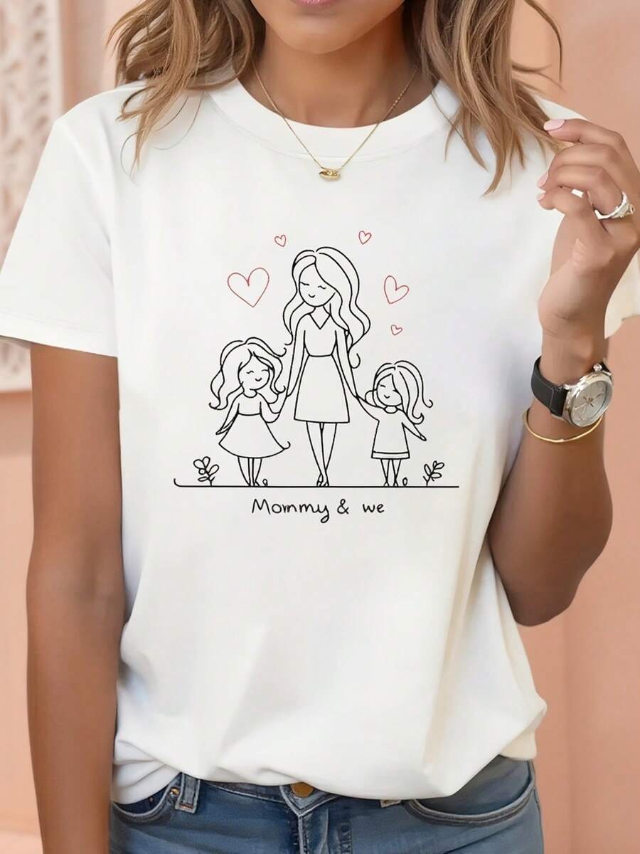 Women's "Mommy & We Family" Heart Print T-Shirt - Short Sleeve, Round Neck, Casual Top With Parents Lettering, Regular Fit, Blouse For Spring, Summer And Autumn, Machine Washable, Matching Outfits For Moms - 白色 - 查看 1