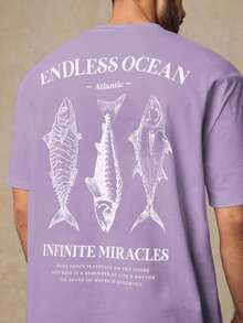 HIMLAND Men's Short Sleeve Crew Neck Drop Shoulder T-Shirt With Fish Graphic Print, Casual Style, Suitable For Outdoor Activities, Home, Dates, Beach, Funny White T-Shirt, Summer, Gifts For Men, Plus Size Beach T-Shirt, Spring Tops. - 紫色 - 查看 8