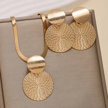 3pcs Elegant Textured Round Pendant Necklace & Earrings Set, Minimalist Fashion Jewelry Accessories, Ideal Gift For Birthday, Holiday, Party - Gold - View 5
