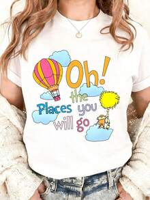 SimpieAndVersatileDesignOh The Places You Will Go Hot Air Balloon And Cat In Hat Shirt For Adventure Lovers Travel Inspired Graphic Tee With Inspirational Quote For Kids And Adults Fun Outfit For Summer Days Road Trips And Family VacationsCottonT-Shirt - Blanco - Ver 6